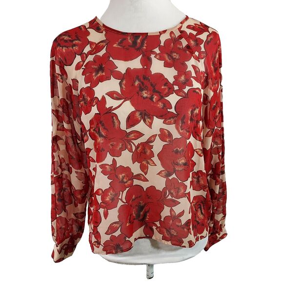 Forever 21 Shirt Top Blouse Size Small Sheer Floral Keyhole Button Red Beige - Picture 1 of 11